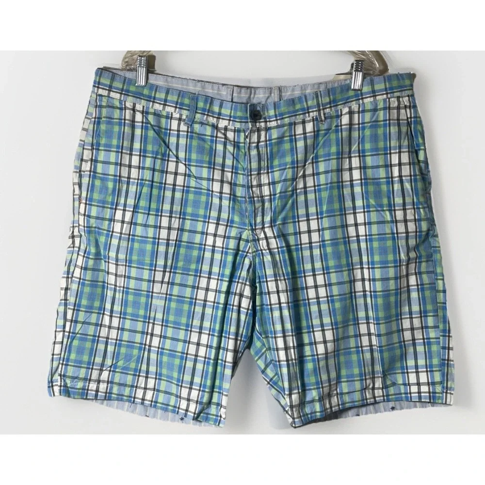 Tommy Bahama Shorts Mens 42 X 10 Blue Green Plaid Palm Trees Reversible